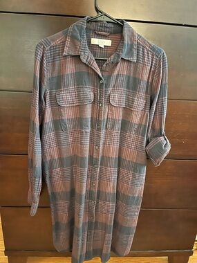 LOFT Plaid Button-Up Shirt Dress in burgundy and black